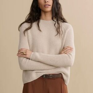 Jenni Kayne 100% Cashmere Fisherman Sweater Oatmeal SZ L Minimalist Quiet Luxury